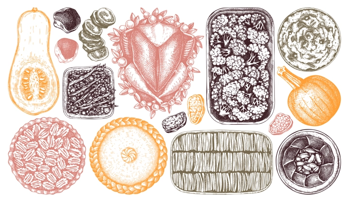Thanksgiving day traditional dishes illustrations in color. Roasted turkey, cooked vegetables, rolled meat, pumpkin, cakes sketches. Vintage autumn food for Thanksgiving day dinner.